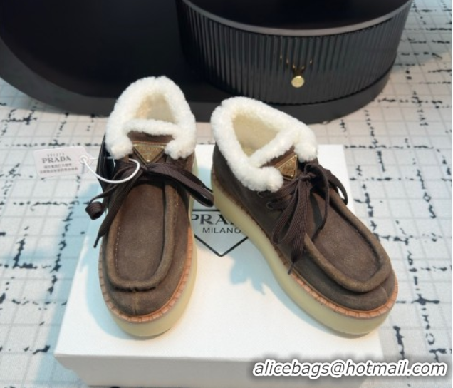 Luxury Prada Suede and Wool Platform Chukka Ankle Boots 5cm Dark Brown 2025 1T716N 1027092