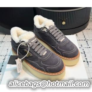 Shop Cheap Prada Suede and Wool Platform Mid-top Sneakers 5cm Grey 2025 1T725N 1027093