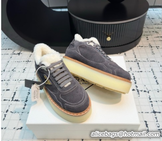 Shop Cheap Prada Suede and Wool Platform Mid-top Sneakers 5cm Grey 2025 1T725N 1027093