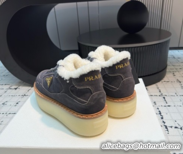 Shop Cheap Prada Suede and Wool Platform Mid-top Sneakers 5cm Grey 2025 1T725N 1027093