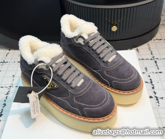 Shop Cheap Prada Suede and Wool Platform Mid-top Sneakers 5cm Grey 2025 1T725N 1027093