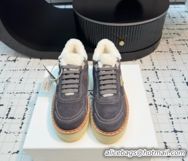 Shop Cheap Prada Suede and Wool Platform Mid-top Sneakers 5cm Grey 2025 1T725N 1027093