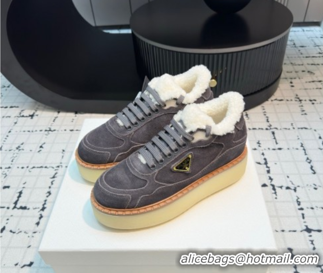 Shop Cheap Prada Suede and Wool Platform Mid-top Sneakers 5cm Grey 2025 1T725N 1027093