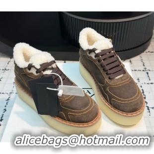 Best Price Prada Suede and Wool Platform Mid-top Sneakers 5cm Dark Brown 2025 1T725N 1027094