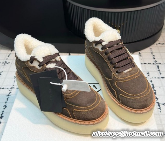 Best Price Prada Suede and Wool Platform Mid-top Sneakers 5cm Dark Brown 2025 1T725N 1027094