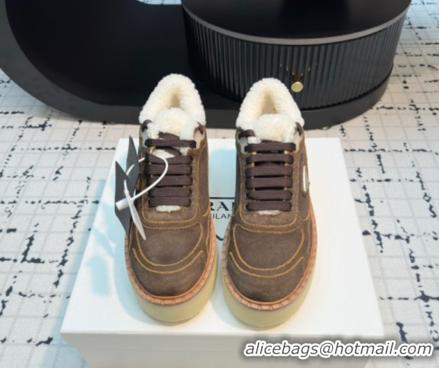 Best Price Prada Suede and Wool Platform Mid-top Sneakers 5cm Dark Brown 2025 1T725N 1027094