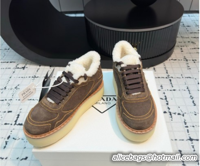 Best Price Prada Suede and Wool Platform Mid-top Sneakers 5cm Dark Brown 2025 1T725N 1027094