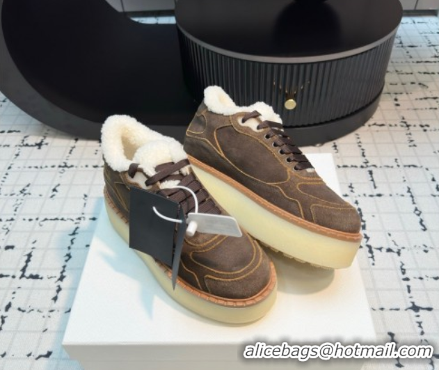 Best Price Prada Suede and Wool Platform Mid-top Sneakers 5cm Dark Brown 2025 1T725N 1027094