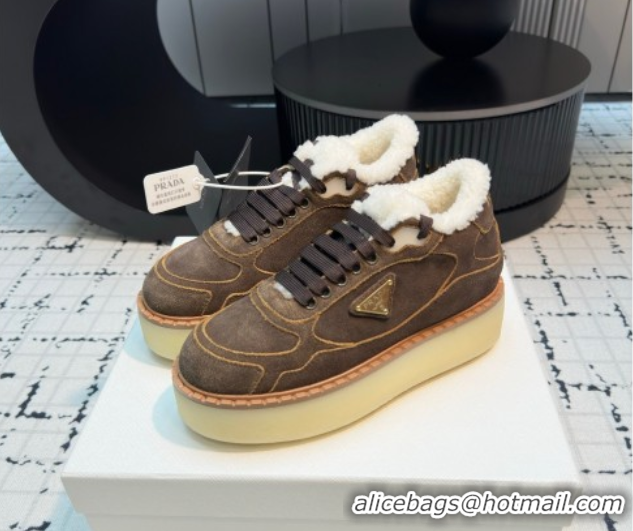 Best Price Prada Suede and Wool Platform Mid-top Sneakers 5cm Dark Brown 2025 1T725N 1027094