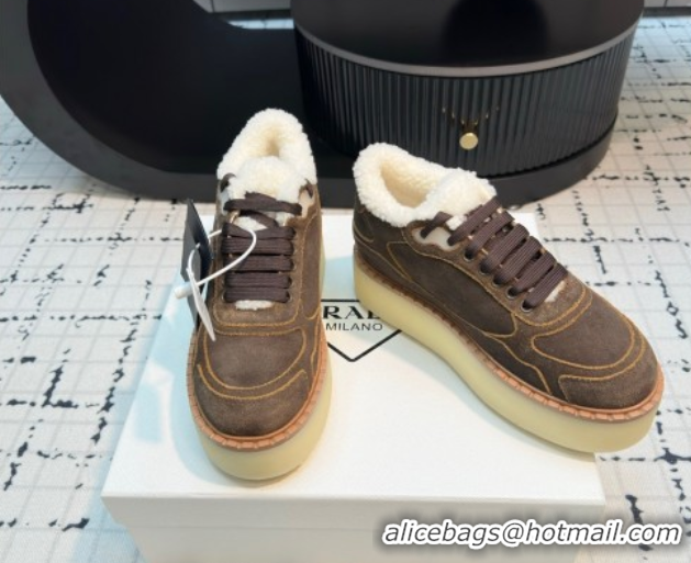 Best Price Prada Suede and Wool Platform Mid-top Sneakers 5cm Dark Brown 2025 1T725N 1027094