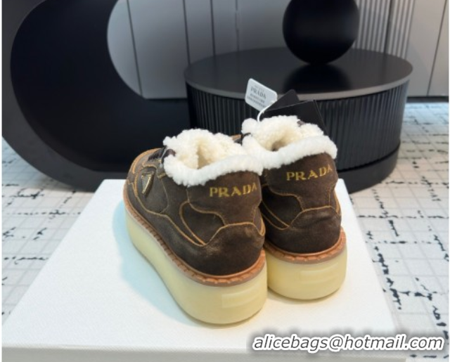 Best Price Prada Suede and Wool Platform Mid-top Sneakers 5cm Dark Brown 2025 1T725N 1027094