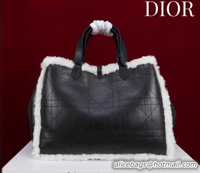 Buy Discount Dior DiorAlps Large Toujours Tote Bag in Black Macrocannage Crinkled Calfskin and White Merino Wool D2039 2