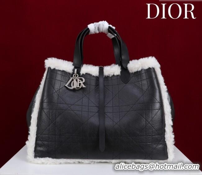 Buy Discount Dior DiorAlps Large Toujours Tote Bag in Black Macrocannage Crinkled Calfskin and White Merino Wool D2039 2