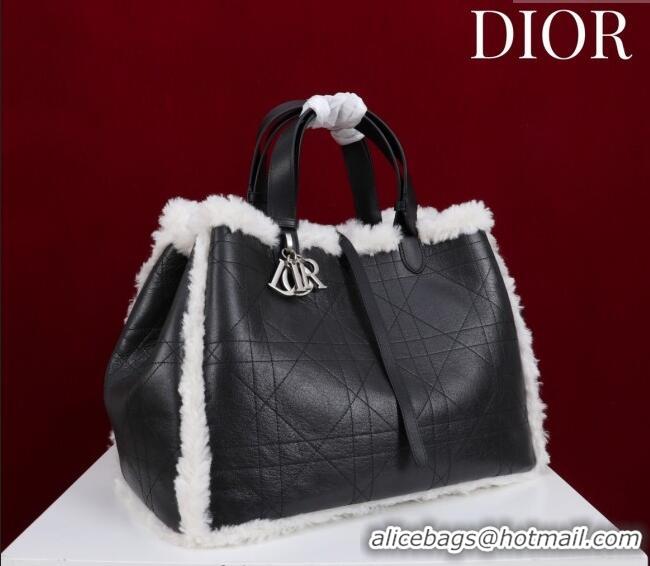 Buy Discount Dior DiorAlps Large Toujours Tote Bag in Black Macrocannage Crinkled Calfskin and White Merino Wool D2039 2