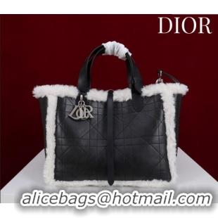 Famous Brand Dior DiorAlps Medium Toujours Tote Bag in Black Macrocannage Crinkled Calfskin and White Merino Wool D2040 