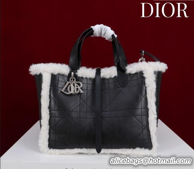 Famous Brand Dior DiorAlps Medium Toujours Tote Bag in Black Macrocannage Crinkled Calfskin and White Merino Wool D2040 