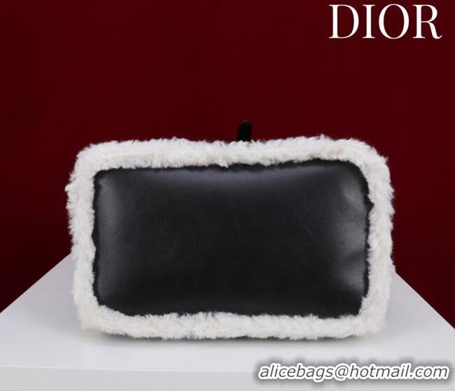 Famous Brand Dior DiorAlps Medium Toujours Tote Bag in Black Macrocannage Crinkled Calfskin and White Merino Wool D2040 