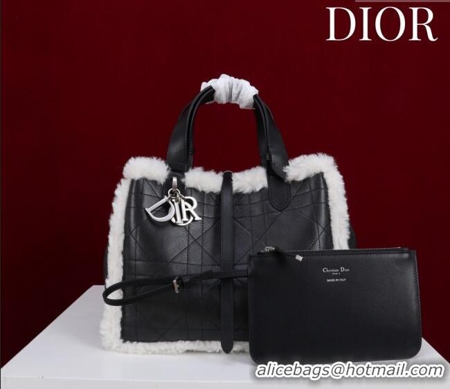 Famous Brand Dior DiorAlps Medium Toujours Tote Bag in Black Macrocannage Crinkled Calfskin and White Merino Wool D2040 