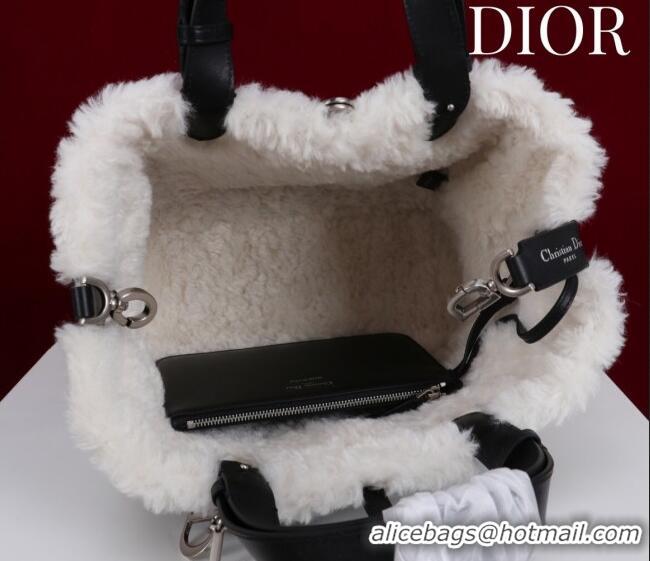 Famous Brand Dior DiorAlps Medium Toujours Tote Bag in Black Macrocannage Crinkled Calfskin and White Merino Wool D2040 