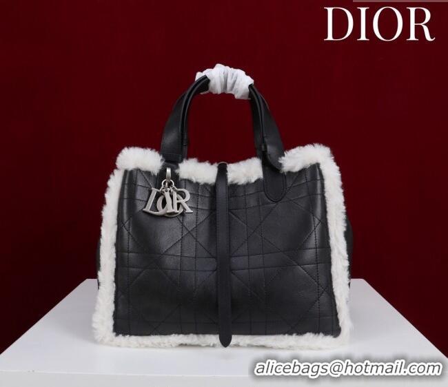 Famous Brand Dior DiorAlps Medium Toujours Tote Bag in Black Macrocannage Crinkled Calfskin and White Merino Wool D2040 