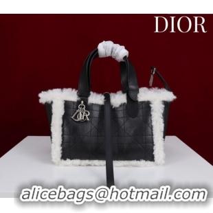 Shop Fashion Dior DiorAlps Small Toujours Tote Bag in Black Macrocannage Crinkled Calfskin and White Merino Wool D2041 2
