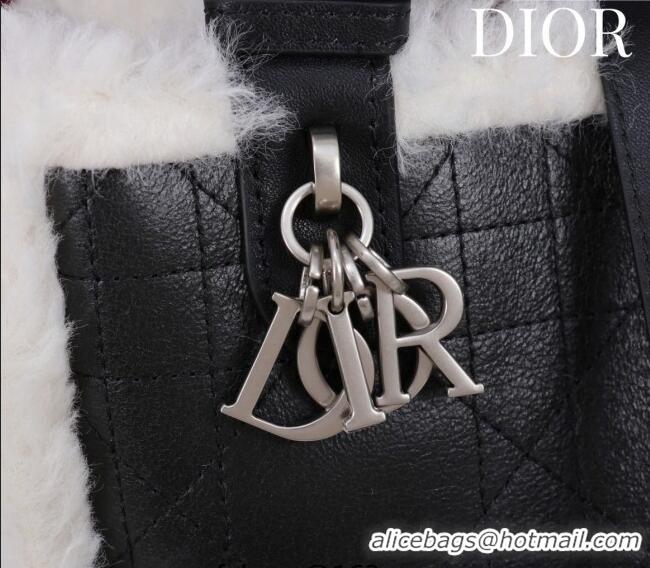 Shop Fashion Dior DiorAlps Small Toujours Tote Bag in Black Macrocannage Crinkled Calfskin and White Merino Wool D2041 2