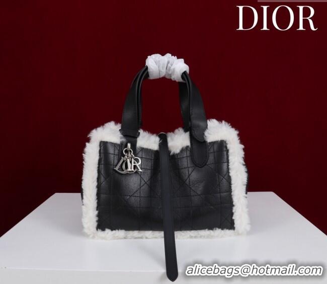 Shop Fashion Dior DiorAlps Small Toujours Tote Bag in Black Macrocannage Crinkled Calfskin and White Merino Wool D2041 2