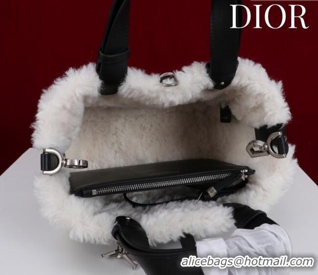 Shop Fashion Dior DiorAlps Small Toujours Tote Bag in Black Macrocannage Crinkled Calfskin and White Merino Wool D2041 2