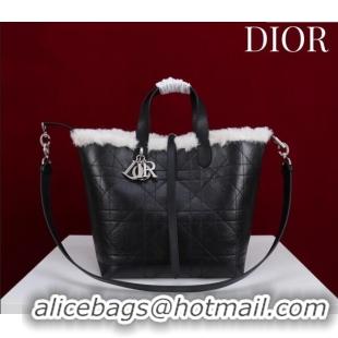 Best Price Dior DiorAlps Medium Toujours Vertical Tote Bag in Macrocannage Crinkled Calfskin and Merino Wool 2042 Black/