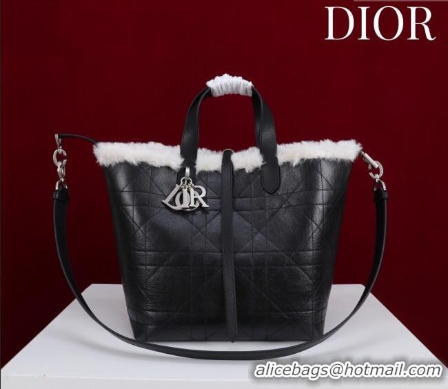 Best Price Dior DiorAlps Medium Toujours Vertical Tote Bag in Macrocannage Crinkled Calfskin and Merino Wool 2042 Black/
