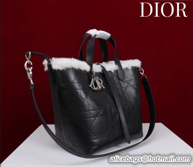 Best Price Dior DiorAlps Medium Toujours Vertical Tote Bag in Macrocannage Crinkled Calfskin and Merino Wool 2042 Black/