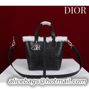 Promotional Dior DiorAlps Small Toujours Vertical Tote Bag in Macrocannage Crinkled Calfskin and Merino Wool 2043 Black/