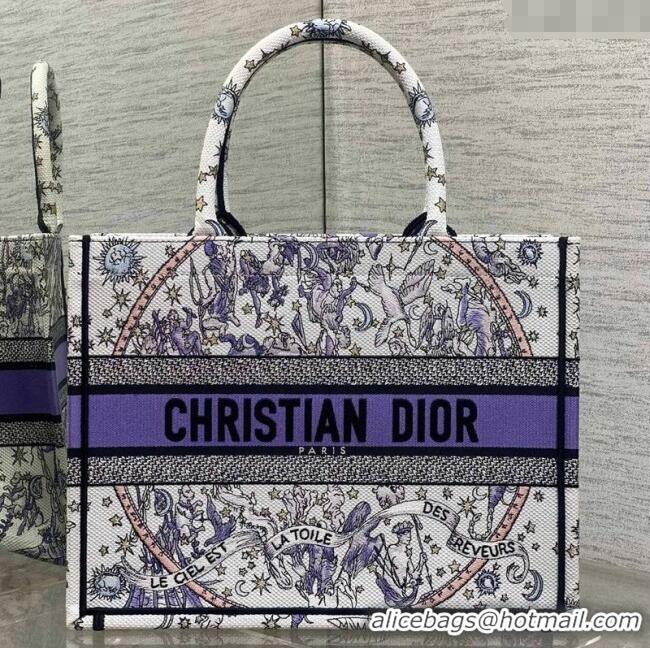 Top Quality Dior Lucky Medium Dior Book Tote Bag in White and Blue Night of Dreams Embroidery D2052 2025
