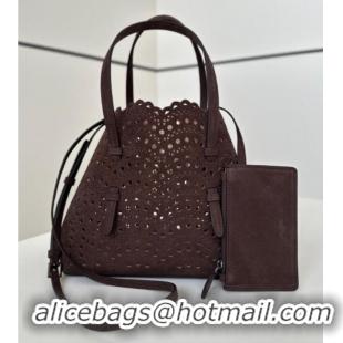 Best Price Alaia Mina Tote Bag in Vienne Openwork Suede 8819L Dark Brown 2025