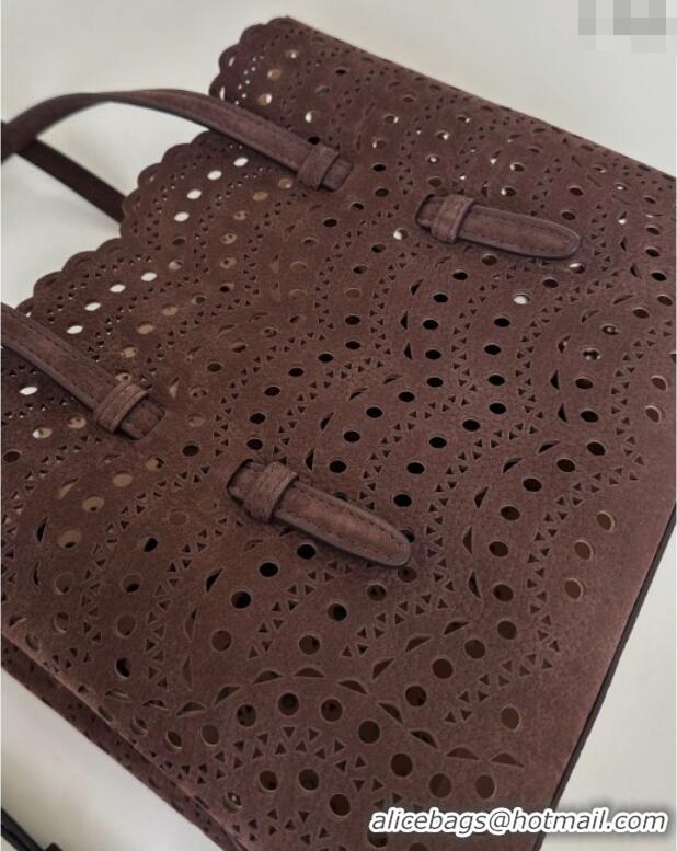 Best Price Alaia Mina Tote Bag in Vienne Openwork Suede 8819L Dark Brown 2025