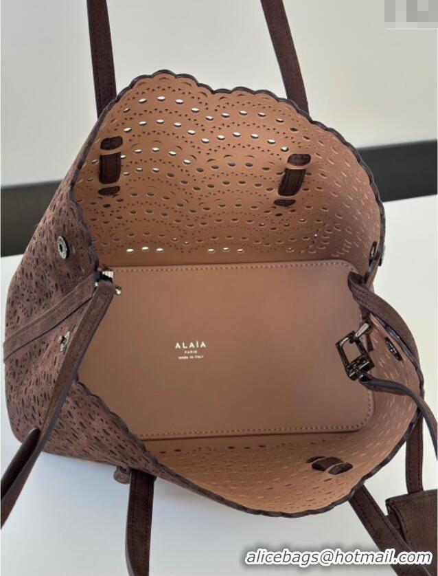 Best Price Alaia Mina Tote Bag in Vienne Openwork Suede 8819L Dark Brown 2025