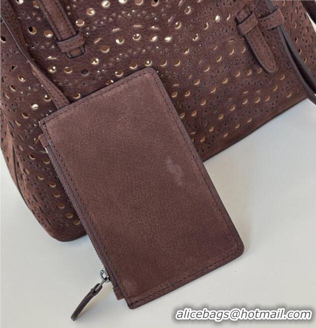 Best Price Alaia Mina Tote Bag in Vienne Openwork Suede 8819L Dark Brown 2025