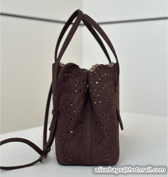 Best Price Alaia Mina Tote Bag in Vienne Openwork Suede 8819L Dark Brown 2025