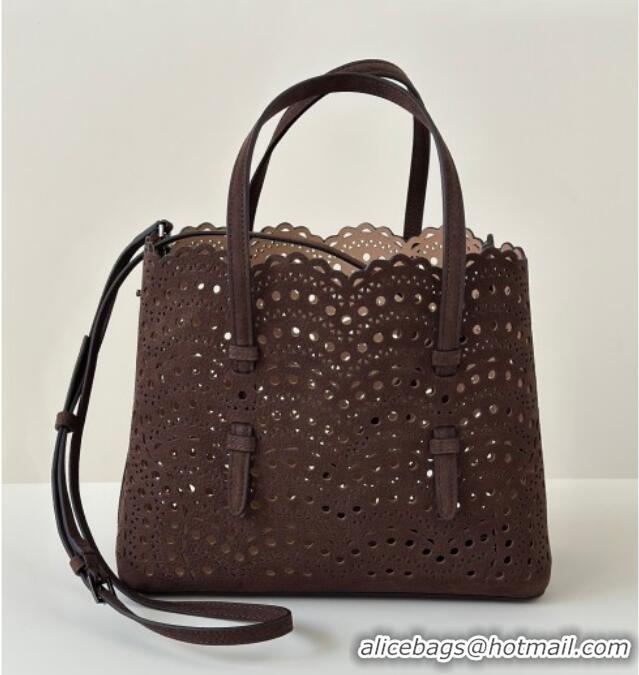 Best Price Alaia Mina Tote Bag in Vienne Openwork Suede 8819L Dark Brown 2025
