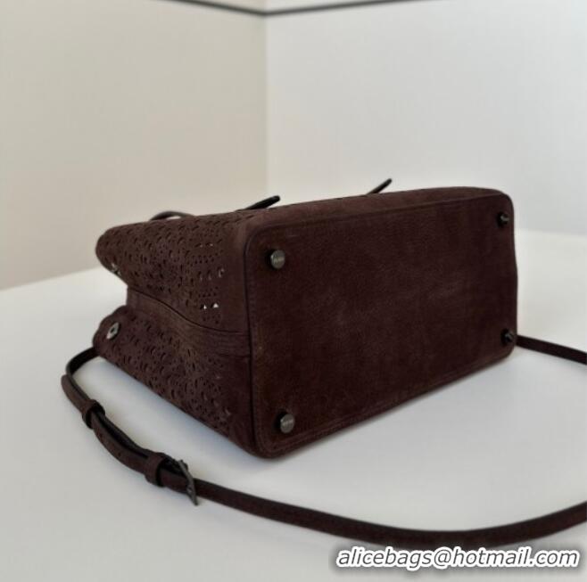 Best Price Alaia Mina Tote Bag in Vienne Openwork Suede 8819L Dark Brown 2025