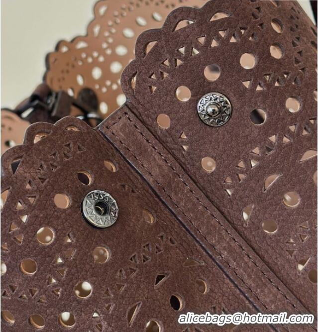 Best Price Alaia Mina Tote Bag in Vienne Openwork Suede 8819L Dark Brown 2025