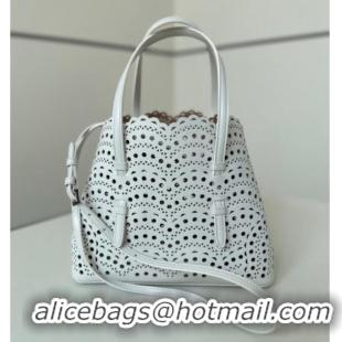 Luxury Discount Alaia Mina Tote Bag in Vienne Openwork Leather 8819L White 2025