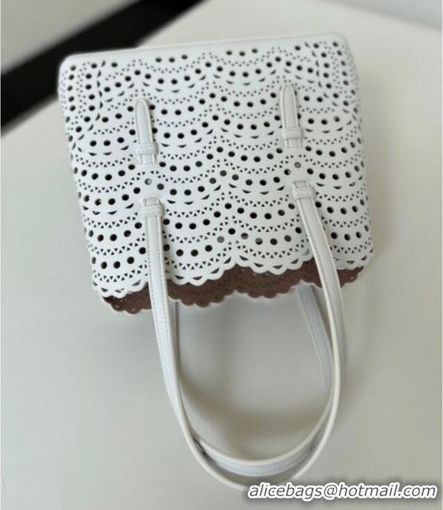 Luxury Discount Alaia Mina Tote Bag in Vienne Openwork Leather 8819L White 2025