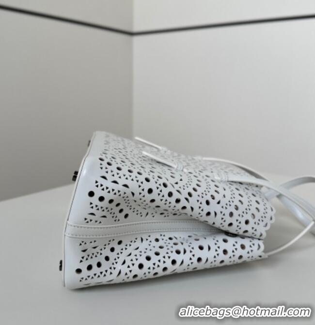 Luxury Discount Alaia Mina Tote Bag in Vienne Openwork Leather 8819L White 2025