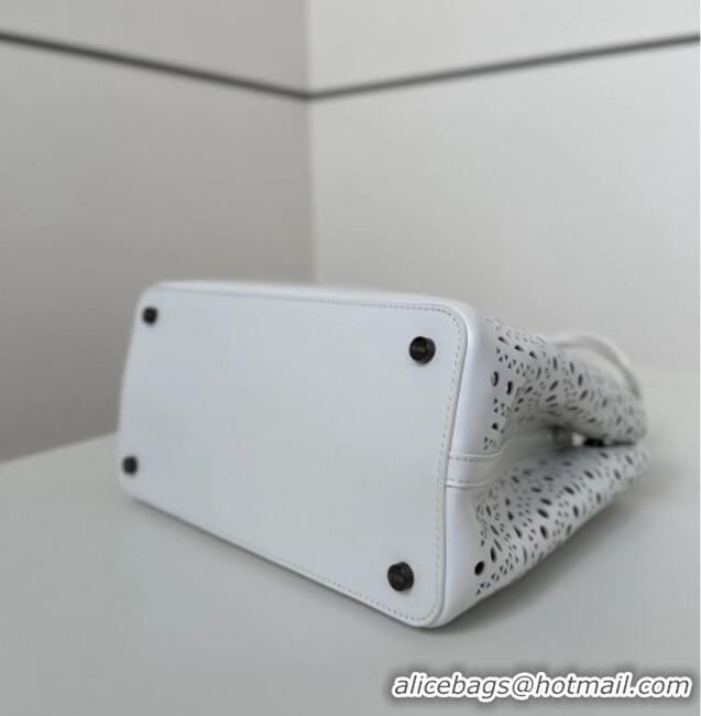 Luxury Discount Alaia Mina Tote Bag in Vienne Openwork Leather 8819L White 2025