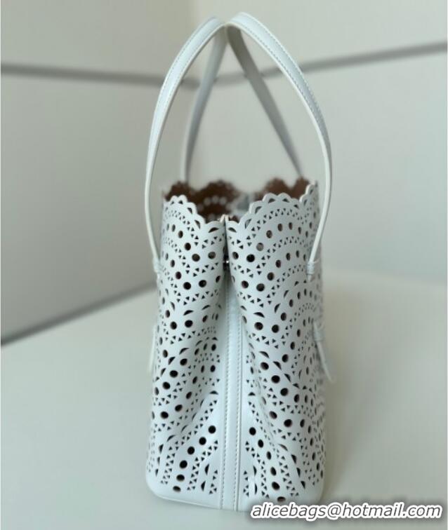 Luxury Discount Alaia Mina Tote Bag in Vienne Openwork Leather 8819L White 2025