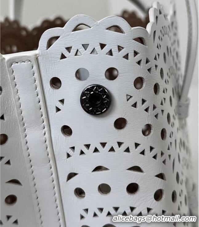 Luxury Discount Alaia Mina Tote Bag in Vienne Openwork Leather 8819L White 2025
