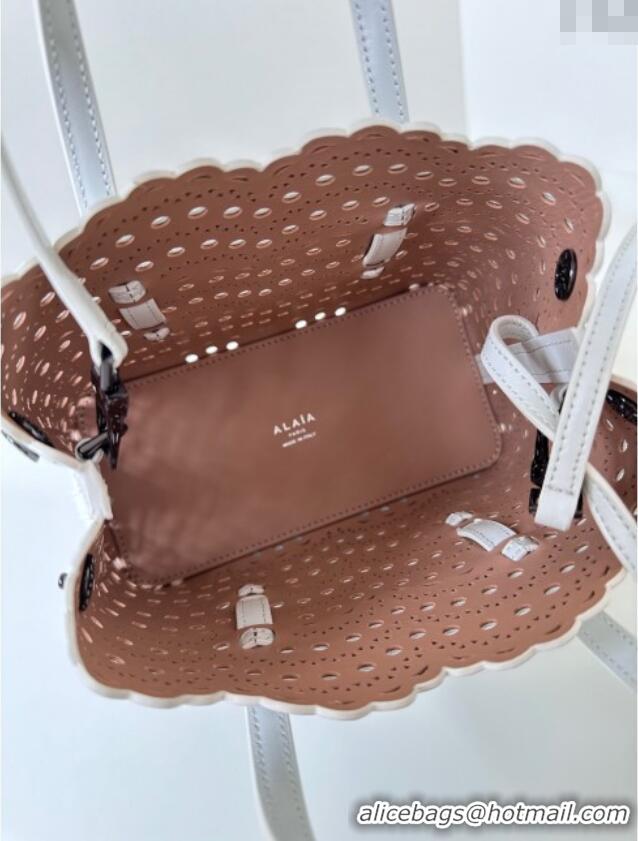 Luxury Discount Alaia Mina Tote Bag in Vienne Openwork Leather 8819L White 2025