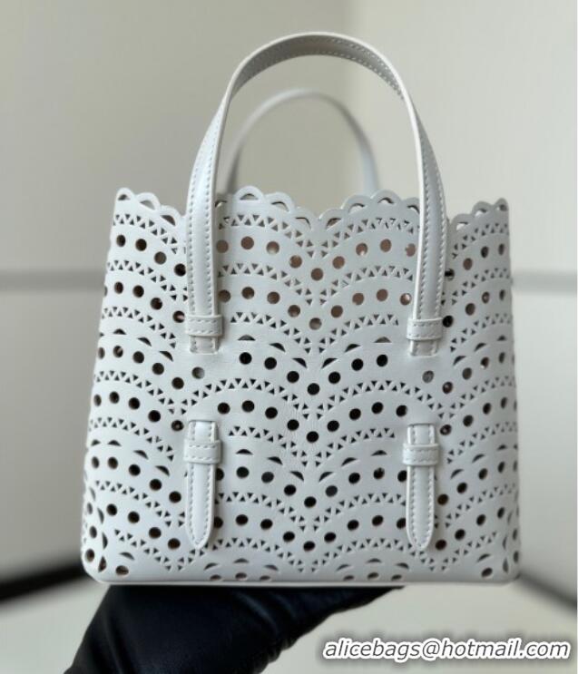 Luxury Discount Alaia Mina Tote Bag in Vienne Openwork Leather 8819L White 2025