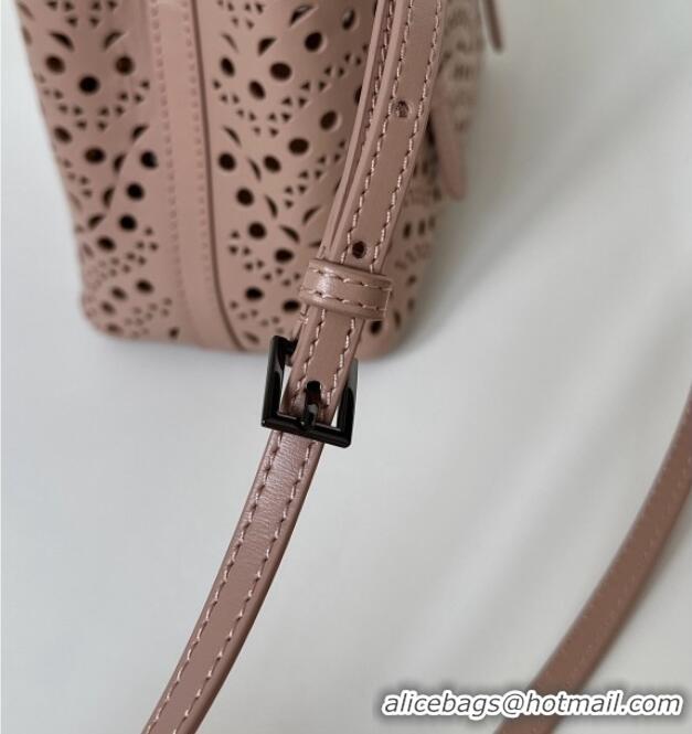 Luxury Cheap Alaia Mina Tote Bag in Vienne Openwork Leather 8819S Pink 2025